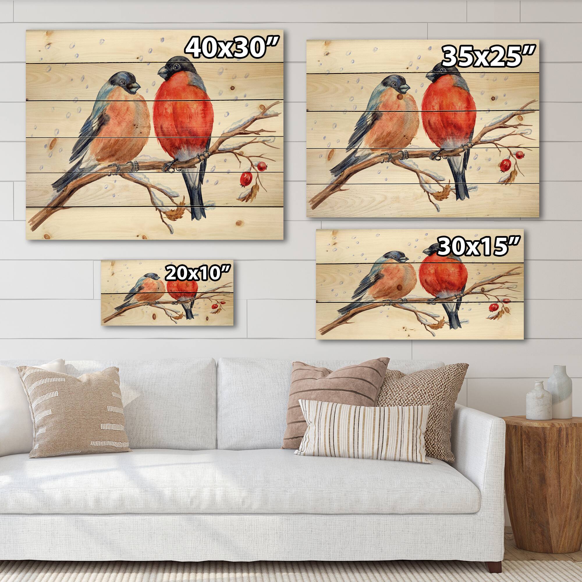 Designart - Two Bullfinches On A Hawthorn Branch with Snowfall